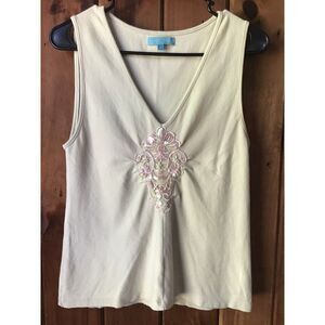 Cable & Gauge Tank Top Size L Beige Embroidered Sequins Beaded Summer